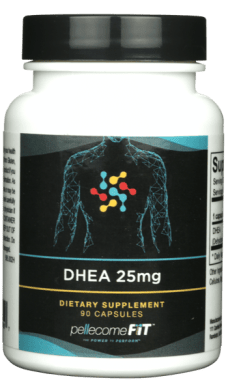 A bottle of DHEA 25mg capsules.