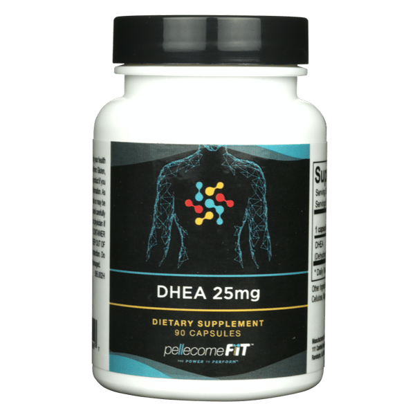 A bottle of DHEA 25mg capsules.