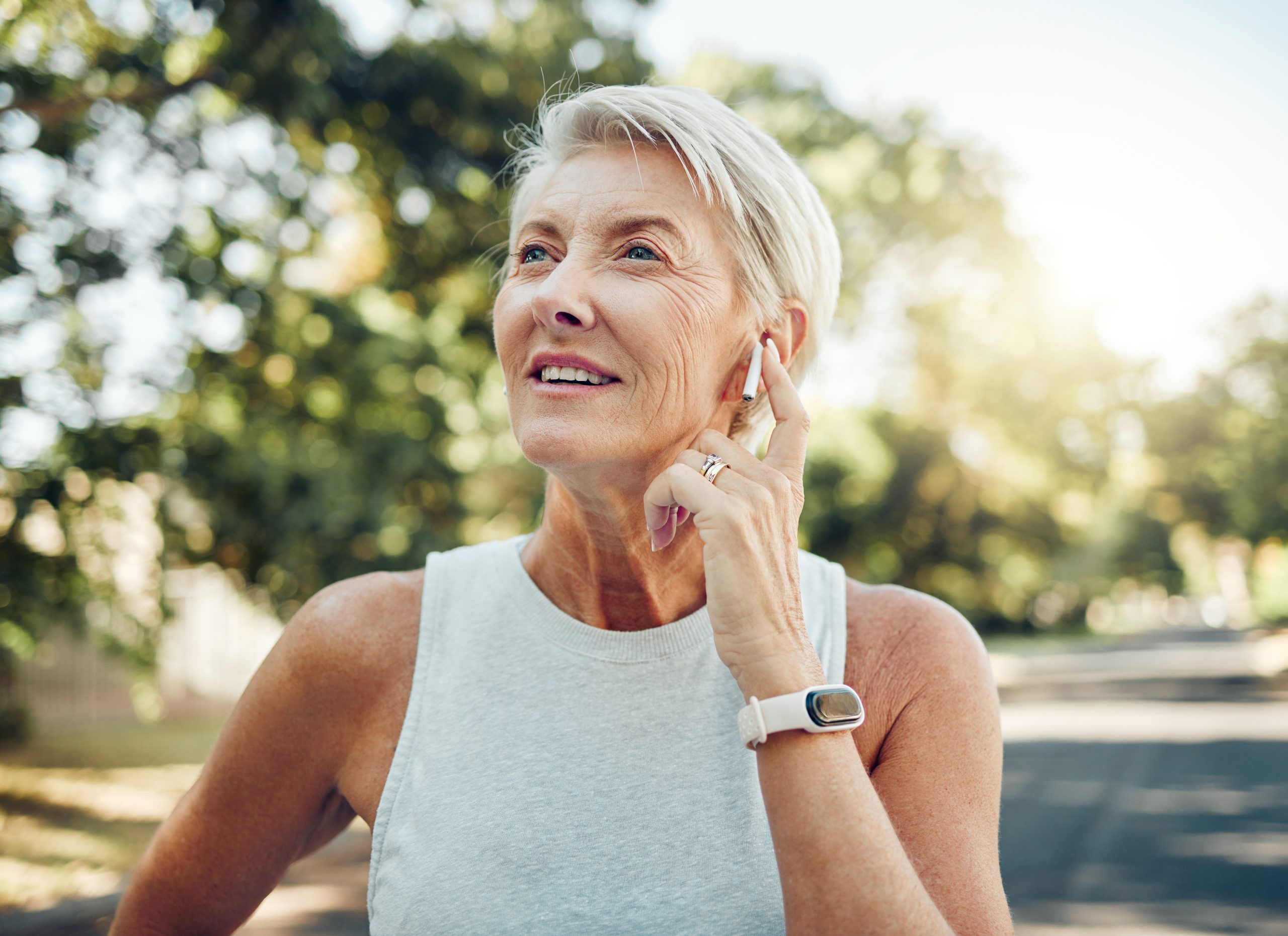 Senior,Woman,,Fitness,And,Music,Earphones,For,Workout,,Training,Or